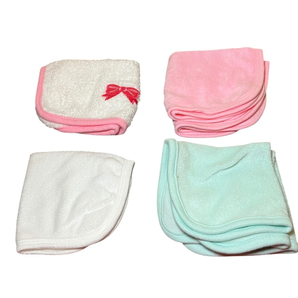 Gerber Nuby Baby Washcloths Set 6 Pink White Mint Green Good Bow Embroidery